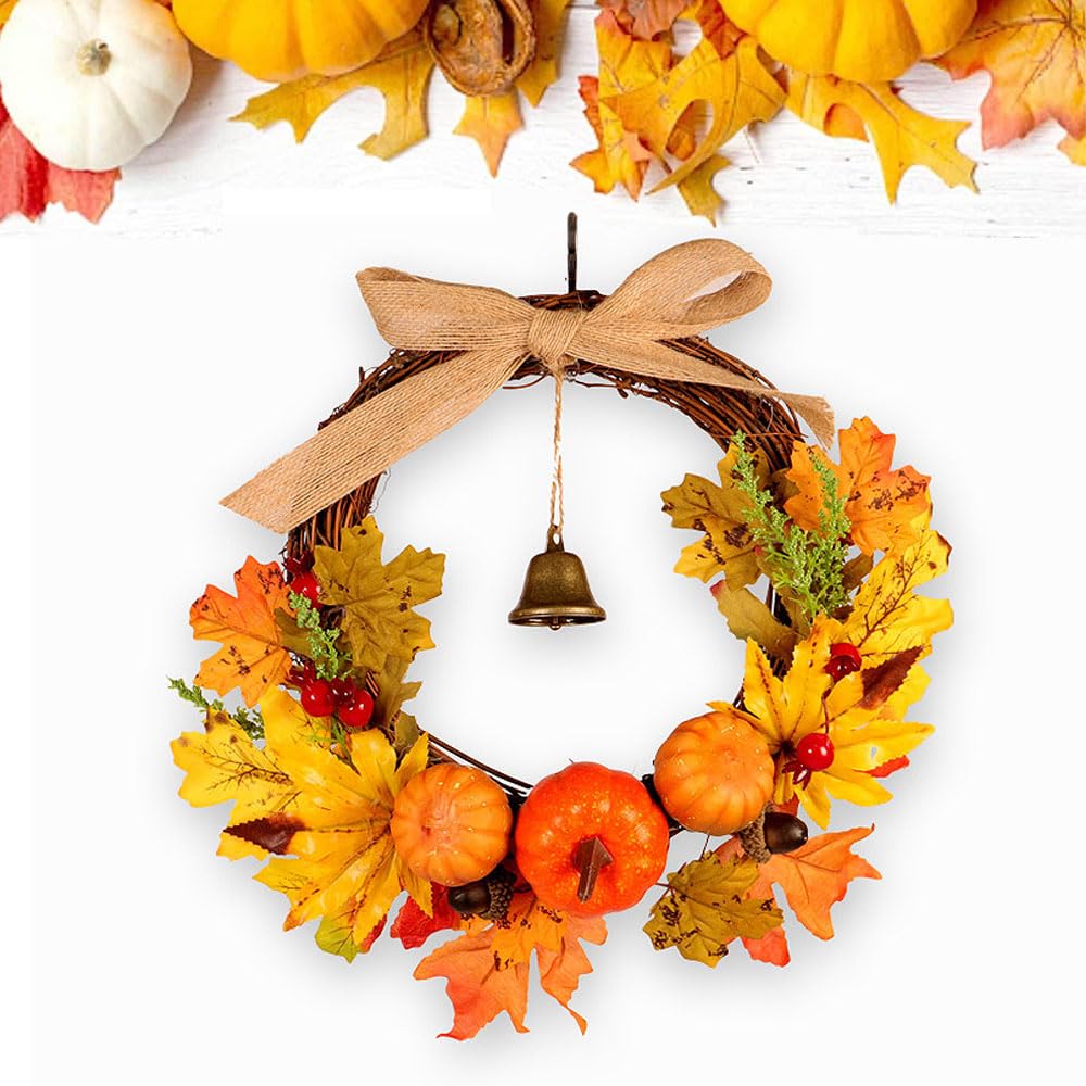 Pleaseedo Fall Wreaths for Front Door Artificial Autumn Pumpkin Wreath Thanksgiving Decorations Halloween Door Wreath with Pumpkin Bell Fall Maple Leaf Wreath Harvest Decor for Indoor Outdoor 30CM