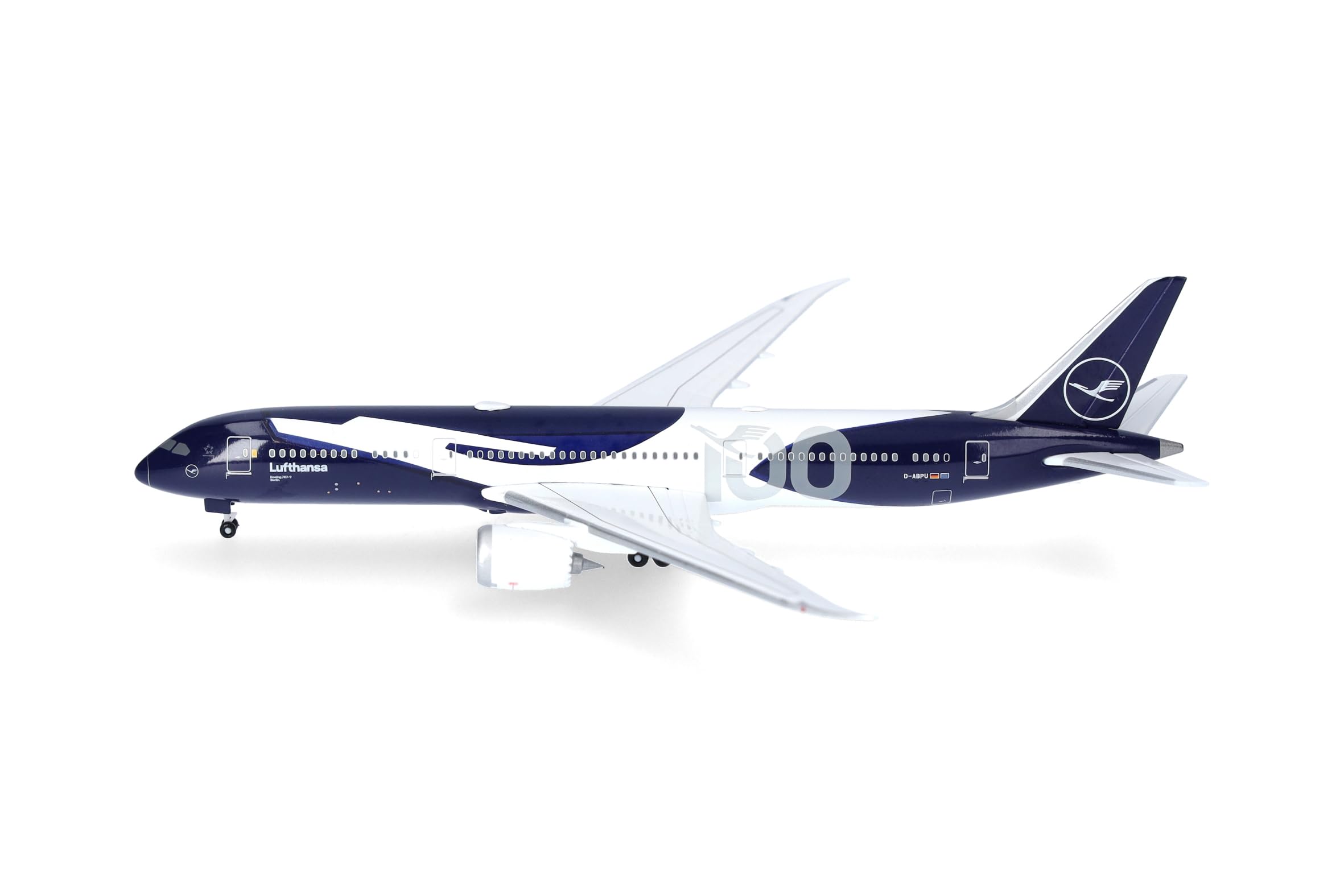 Herpa Miniatura del avión Lufthansa Boeing 787-9 Dreamliner 100 años, Escala 1/500, Modelo prefabricado, maqueta de colleción, modelismo, Avion sin Soporte, Figura Metal