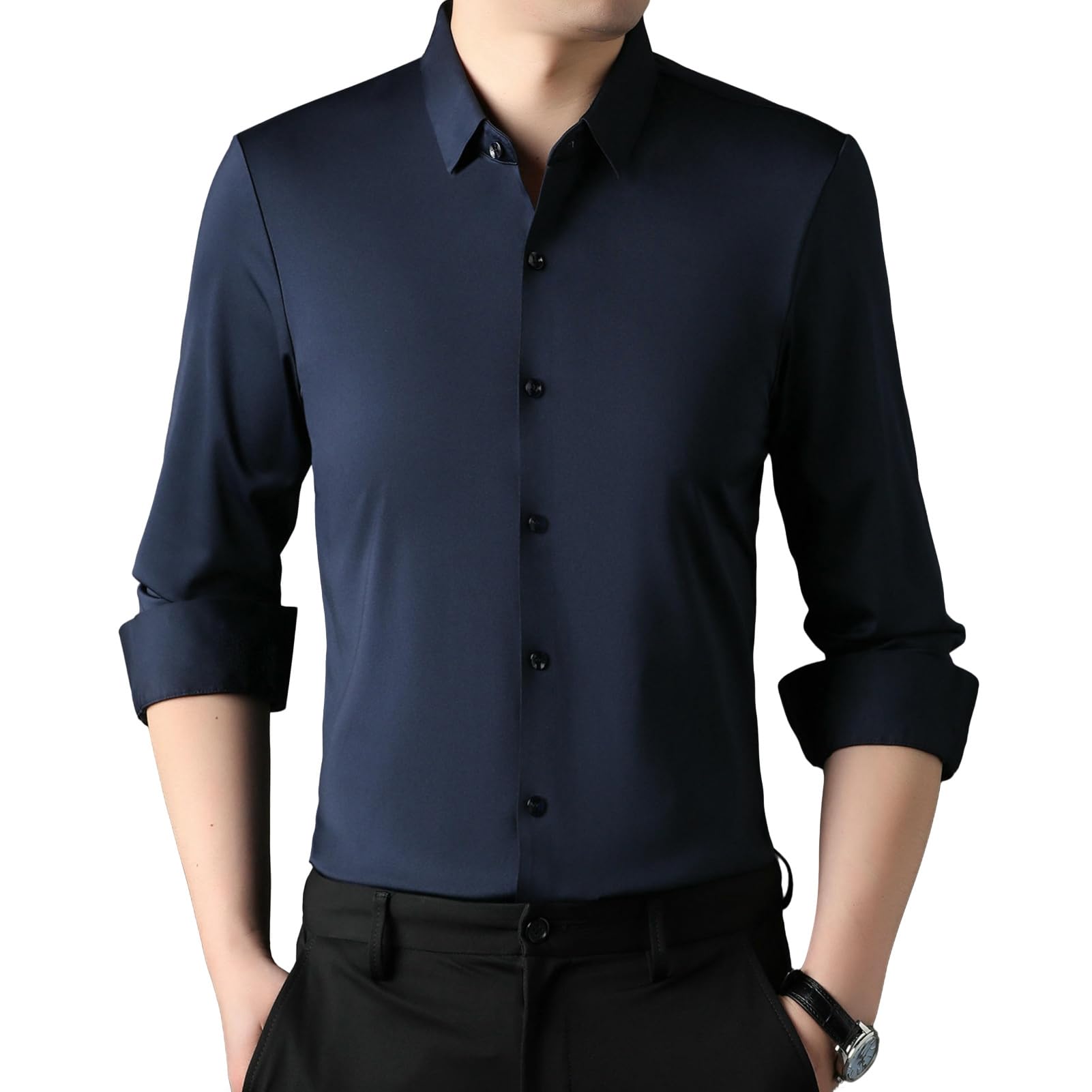 Camisa de manga larga para hombre, color sólido, sin arrugas, elástica, transpirable, casual, ajustada, profesional, para hombre