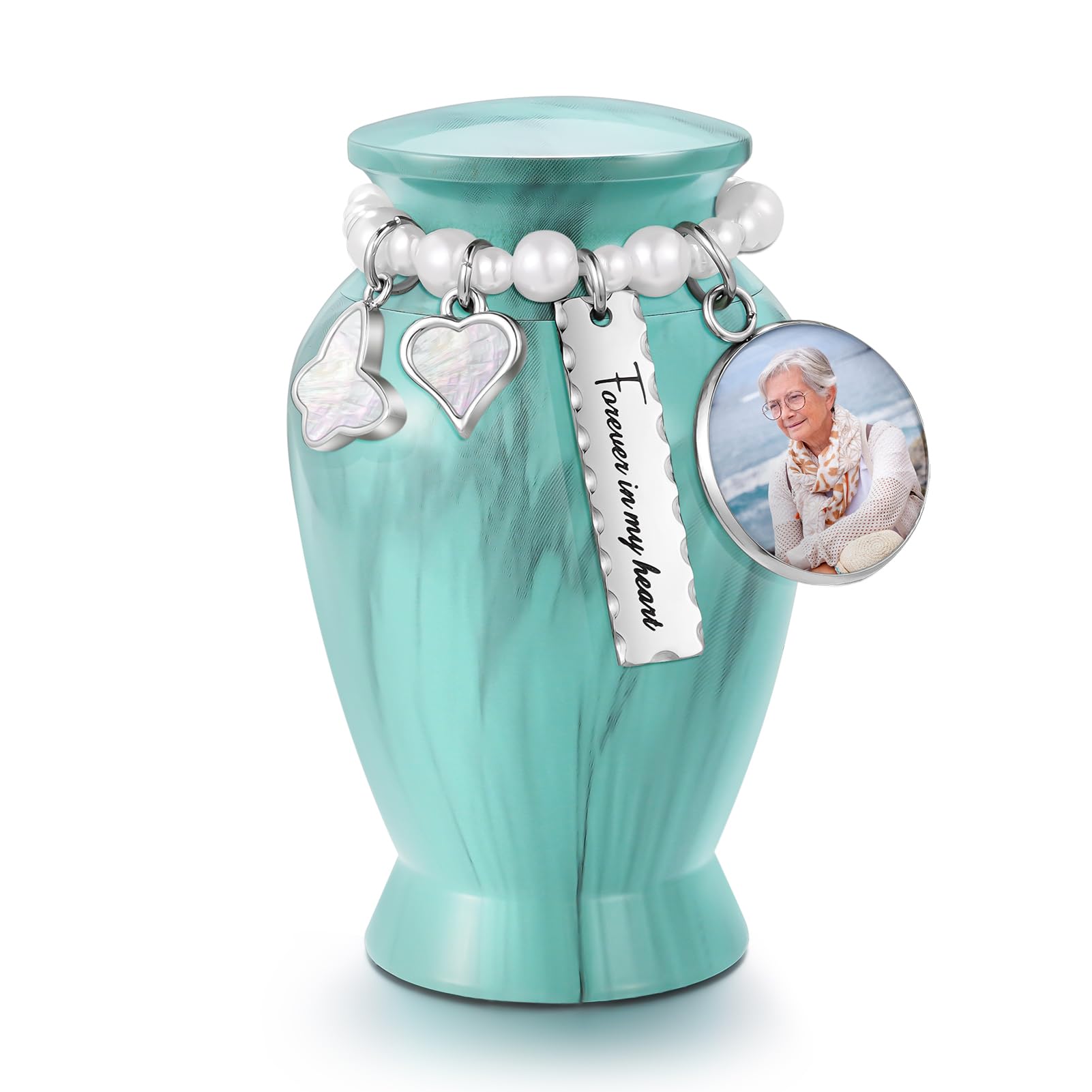 Dletay Aluminum Mint Green Mini Cremation Urn for Human Ashes - 2.85 Inch Keepsake Urn with Custom Photo Engraving - Small Photo Sharing Urn for Mom Dad