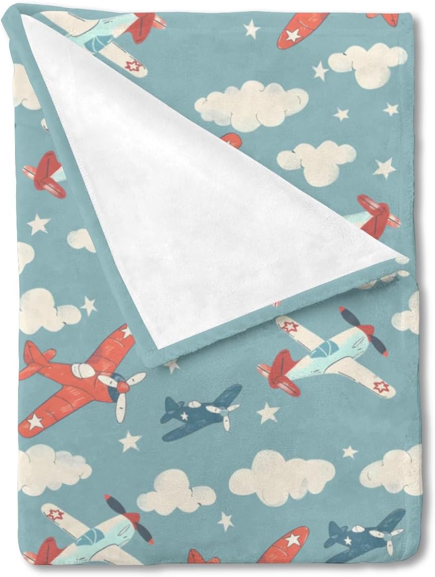 Unisex Cartoon Plane Aircraft Clouds Stars Baby Nursery Throw Gift Blanket for Boys Girls, Plane Transportation Pattern Swaddle Receiving Bed Blanket for Newborn Toddlers Kids-60x80
