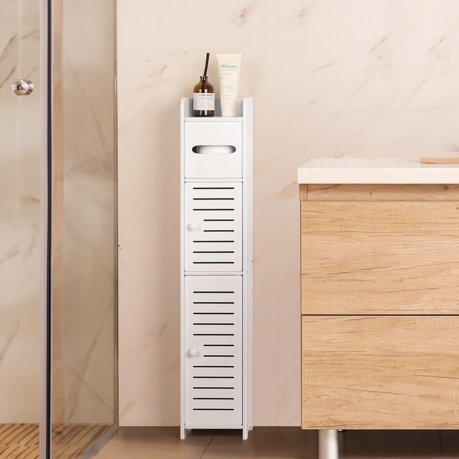 Sunexinlo Narrow Bathroom Storage Cabinet??îToilet Paper Storage Cabinet for Small Space??îCorner Floor Cabinet with Storage for Restroom??îWhite