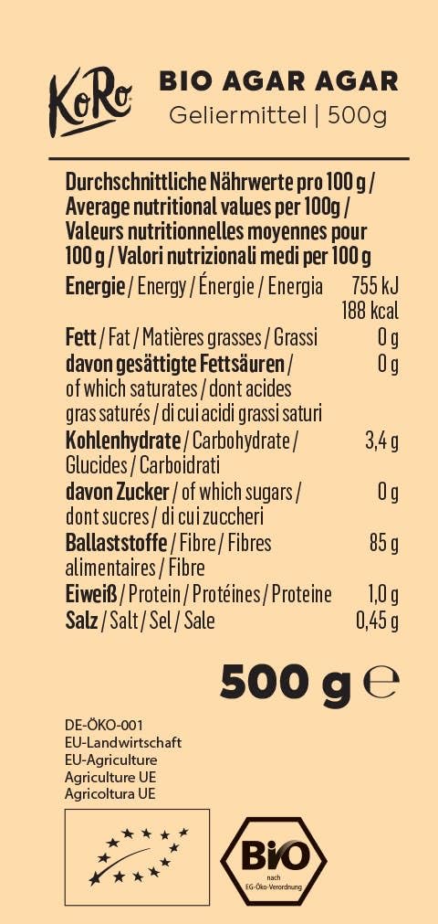 KoRo - Agar Agar bio 500 g - Pur végétal - Parfait pour épaissir et gélifier - Alternative à la gélatine - Extrait d'algues