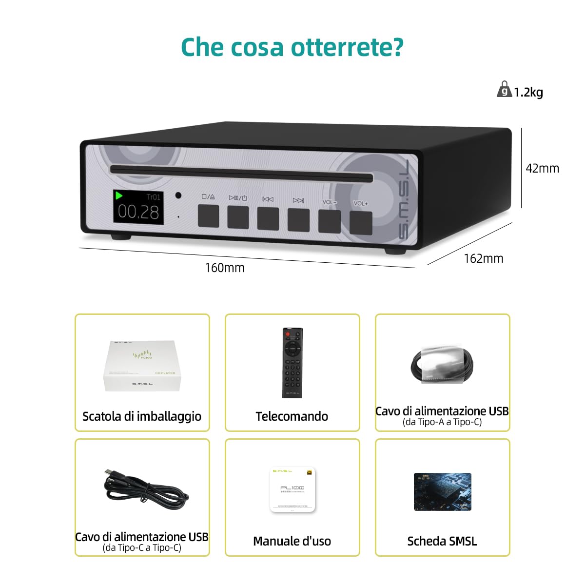 SMSL PL100 Lettore CD per casa, Chip CS43131, Supporto C D-R/C D-RW/MP3, Uscite RCA/3.5mm Cuffie Jack/Ottico/Coassiali Digitali (Nero)
