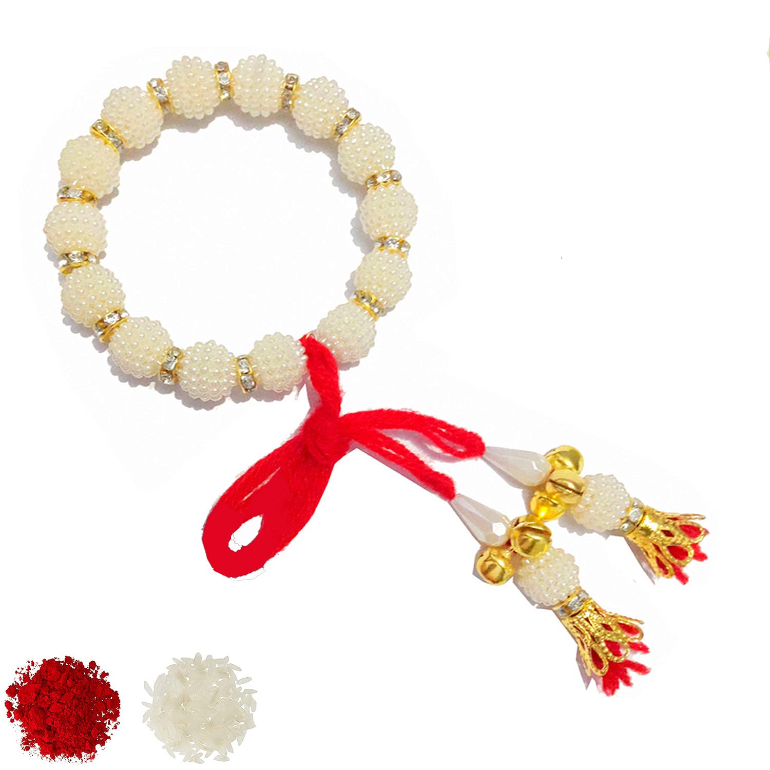 Royal White Pearl Crystal Kada Rakhi for Bhabhi with Roli Chawal and Greeting Card (K17)-image-30