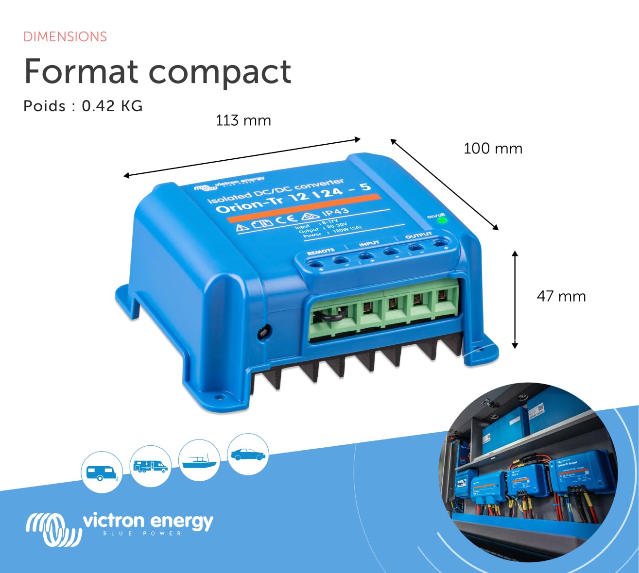 Victron Energy Orion TR IP43 12/24 V 5 A 120 W Convertisseur CC-CC, Isolé