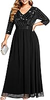 Talisea Women's Plus Size V-Neck 3/4 Sleeve Sequin Prom Evening Gown Long Maxi Dress