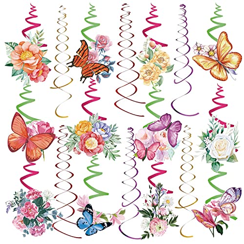 30 Pieces Butterfly Hanging Swirls Decorations Butterfly Party Decorations Flower Hanging Swirls Ceiling Streamers Decorations Spring Floral Party Wall Décor for Kids Girl Happy Birthday Wedding Party