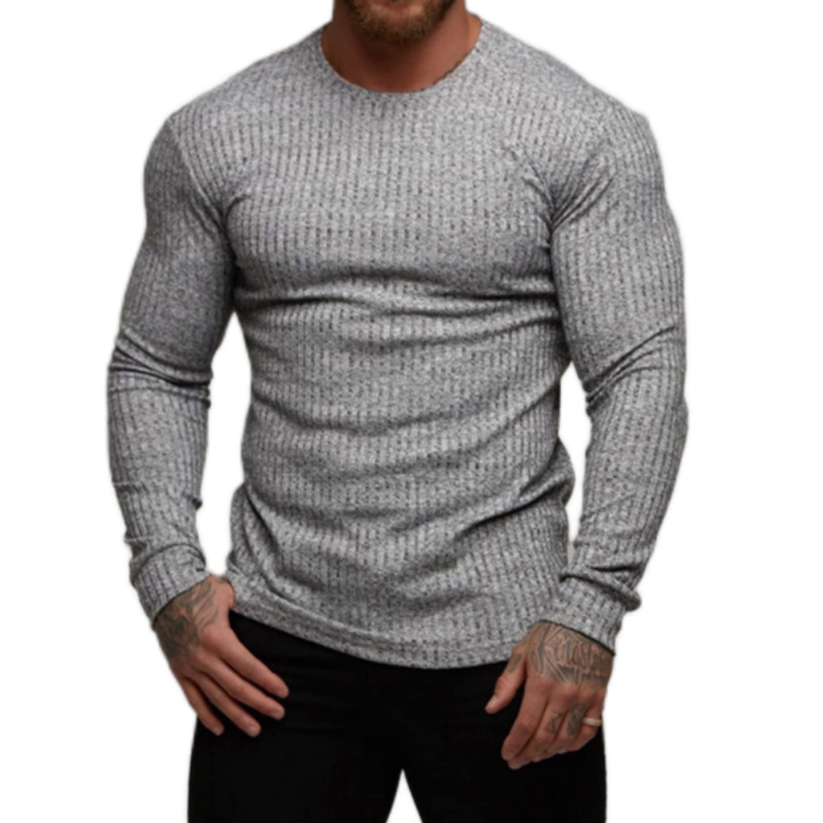 YawYews Men's Fashion Muscle Athletic T-Shirts Long Sleeve Workout Gym Shirts Crew Stretch Knit Ribbed Big & Tall Tee Shirt