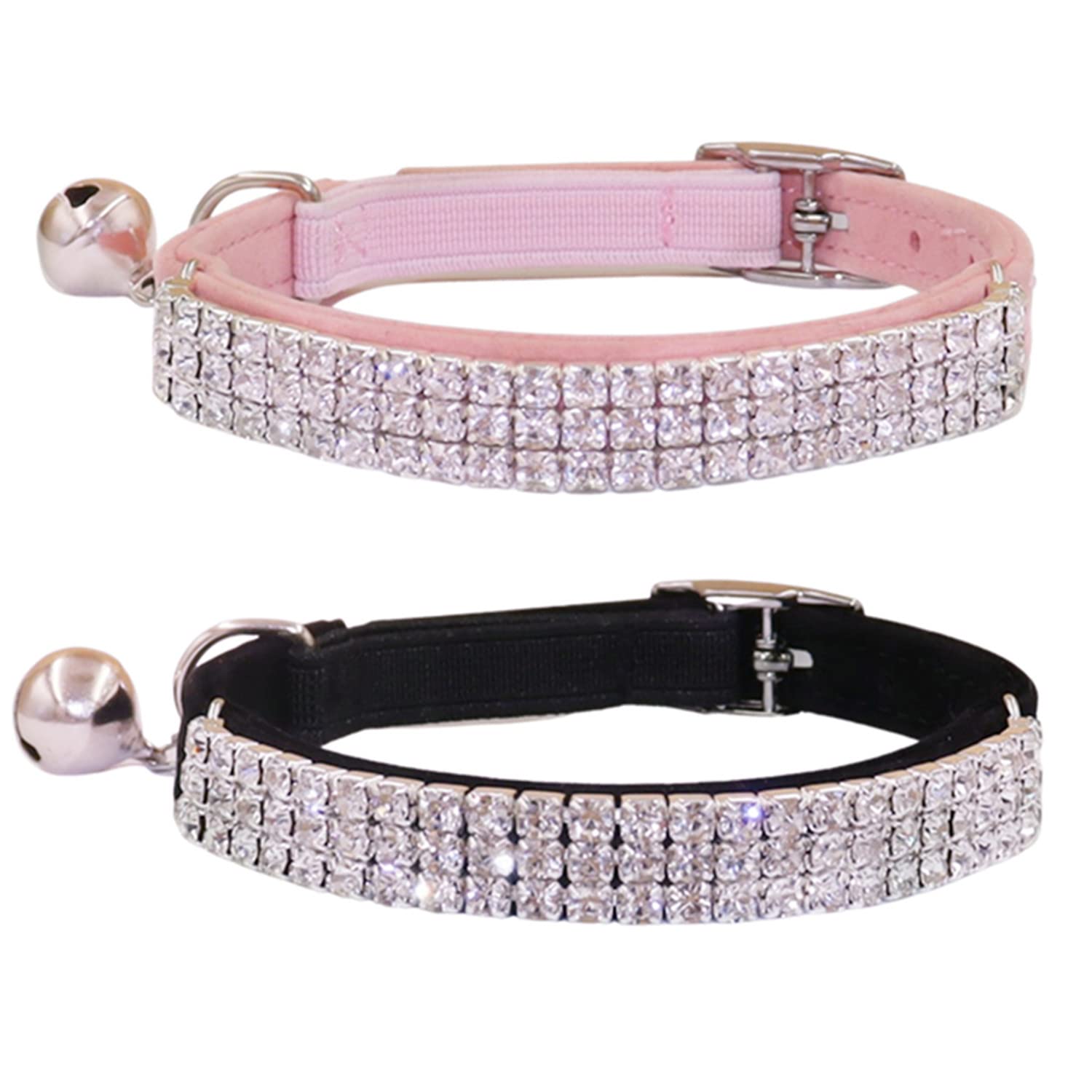THAIN Hundehalsband mit Strasssteinen, weich, samtig, sicher, verstellbar, mit Glöckchen, 20,3–27,9 cm, für kleine Hunde und Katzen (Rosa + Schwarz)