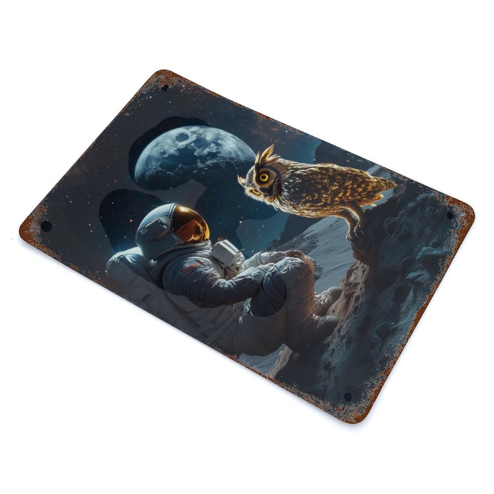 Astronaut Meets Cosmic Owl Rust Effect Tin Sign 11.8"x7.9", Ideal for Cafe, Home Bar And Lounge Decor