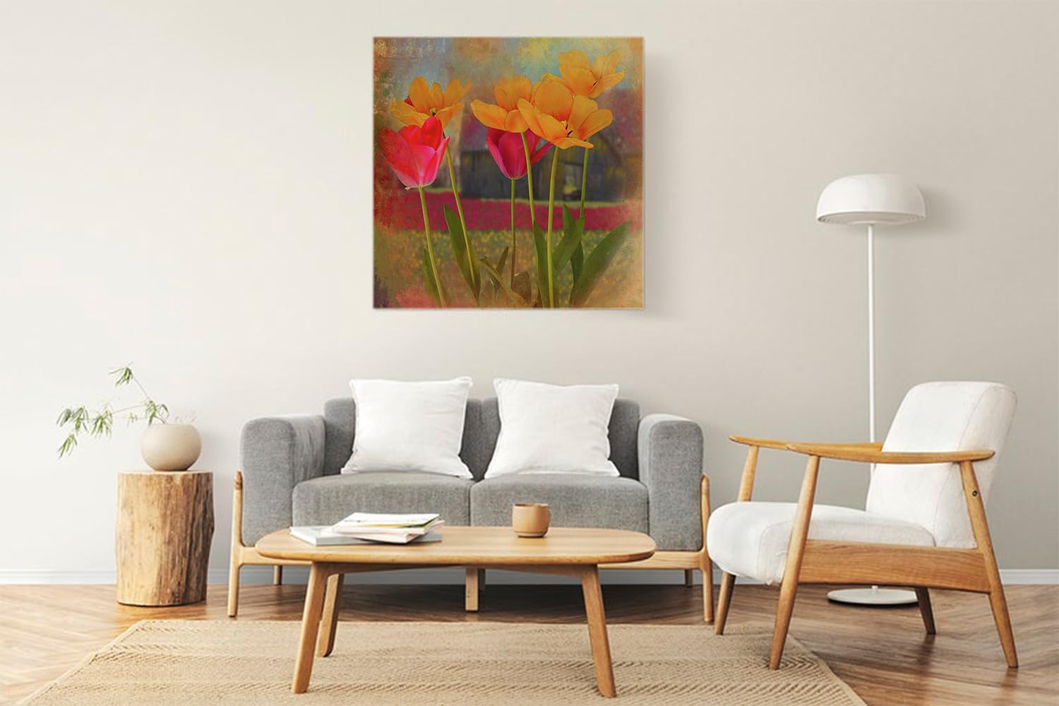 VERRE ART Printed Framed Canvas Painting for Home Decor Office Wall Studio Wall Living Room Decoration (22x22inch Wrapped) - Tulips In Spring, Skagit Valley Print