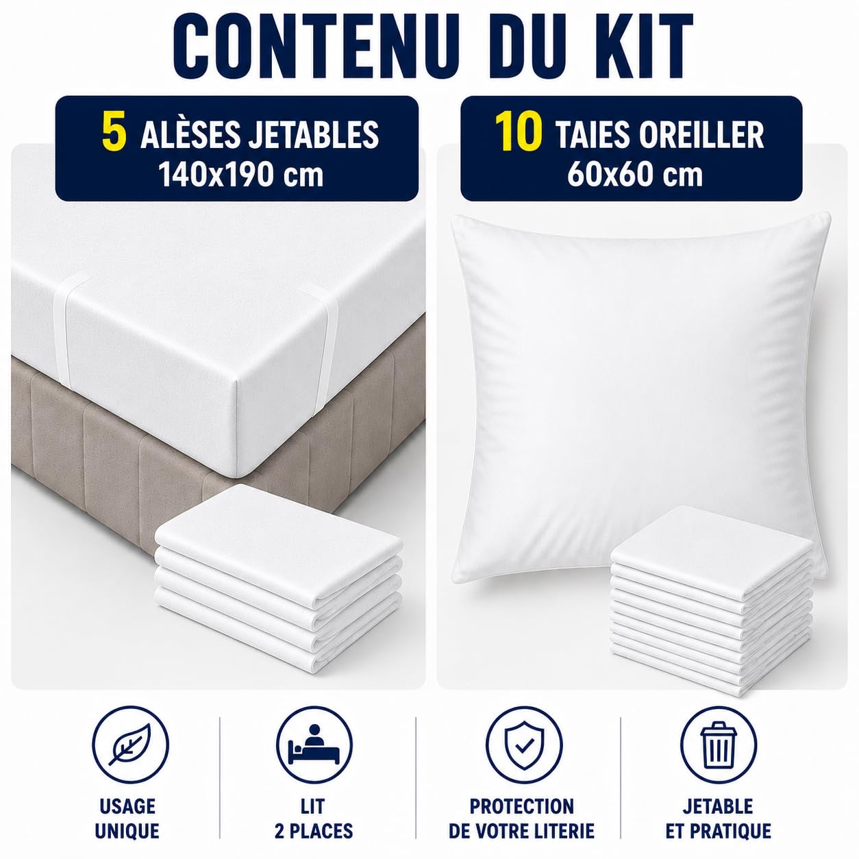 Kit Literie Jetable | 5 Alèses Matelas 140x190 cm + 10 Taies d’Oreiller 60x60 | Protection Literie Usage Unique | Non Imperméable | Hôtels, Hébergement Temporaire