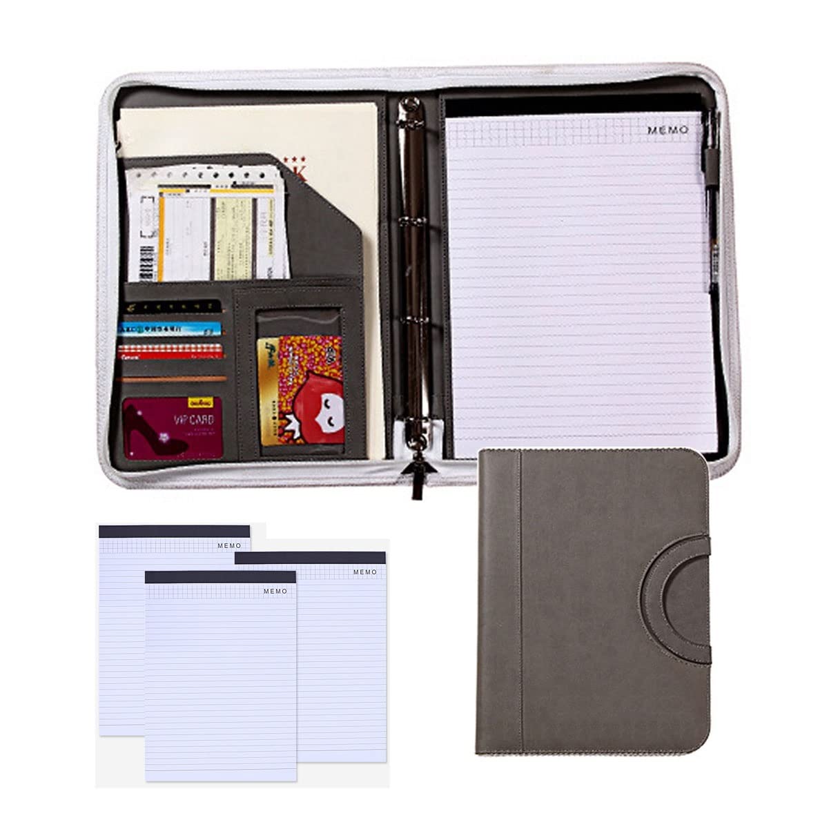 Padfolio A4 Biznesowe Portfolio Skórzana teczka konferencyjna z zamkiem błyskawicznym Osobisty organizer do pracy Podróżny segregator pierścieniowy dla mężczyzn kobiet w tym notatnik do wielokrotnego napełniania 25 arkuszy 4-pak (kolor: szary))