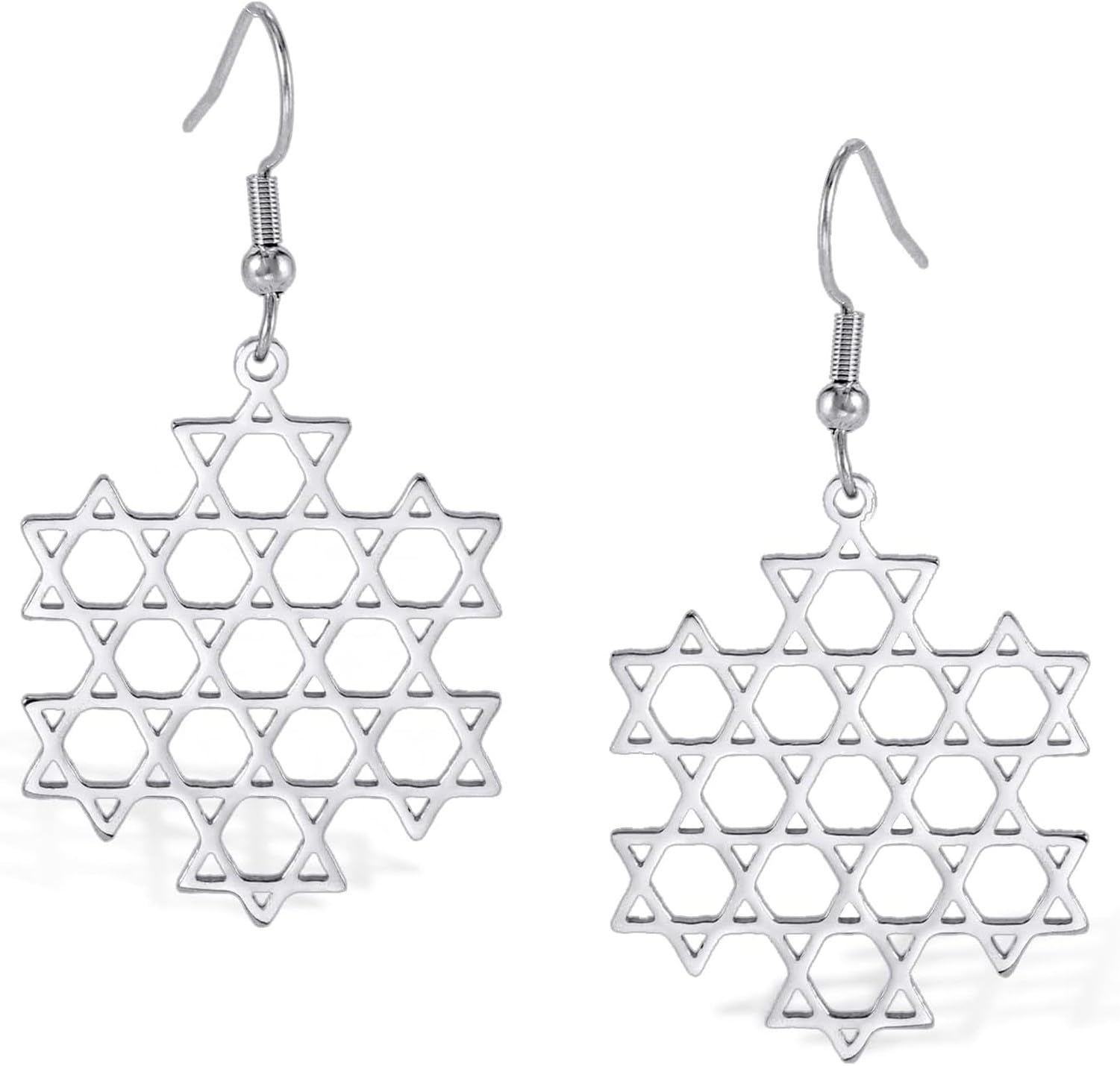 KGAIXN Gold Israeli Star Earrings Stainless Steel Six Pointed Dangle Star of David Drop Earrings Women Christian Jewish for Cross Hanukkah Religion Gift Idea, Silver Hexagram Earrings