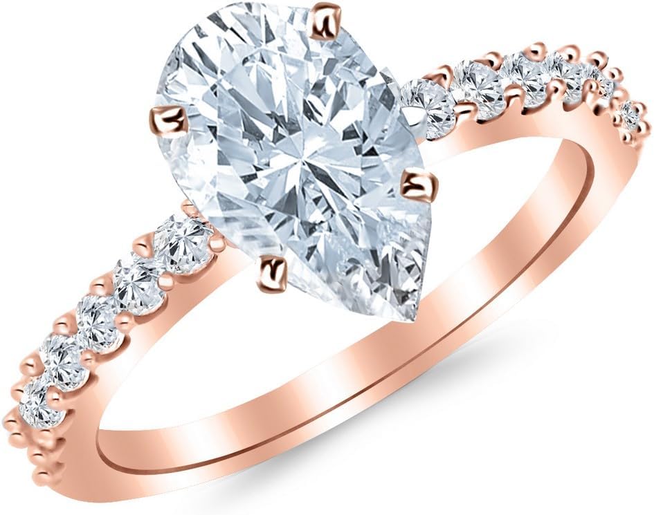 Houston Diamond District 2.43 Carat Classic Prong Set Engagement Ring w/Pear 2 Carat Forever One Moissanite Center