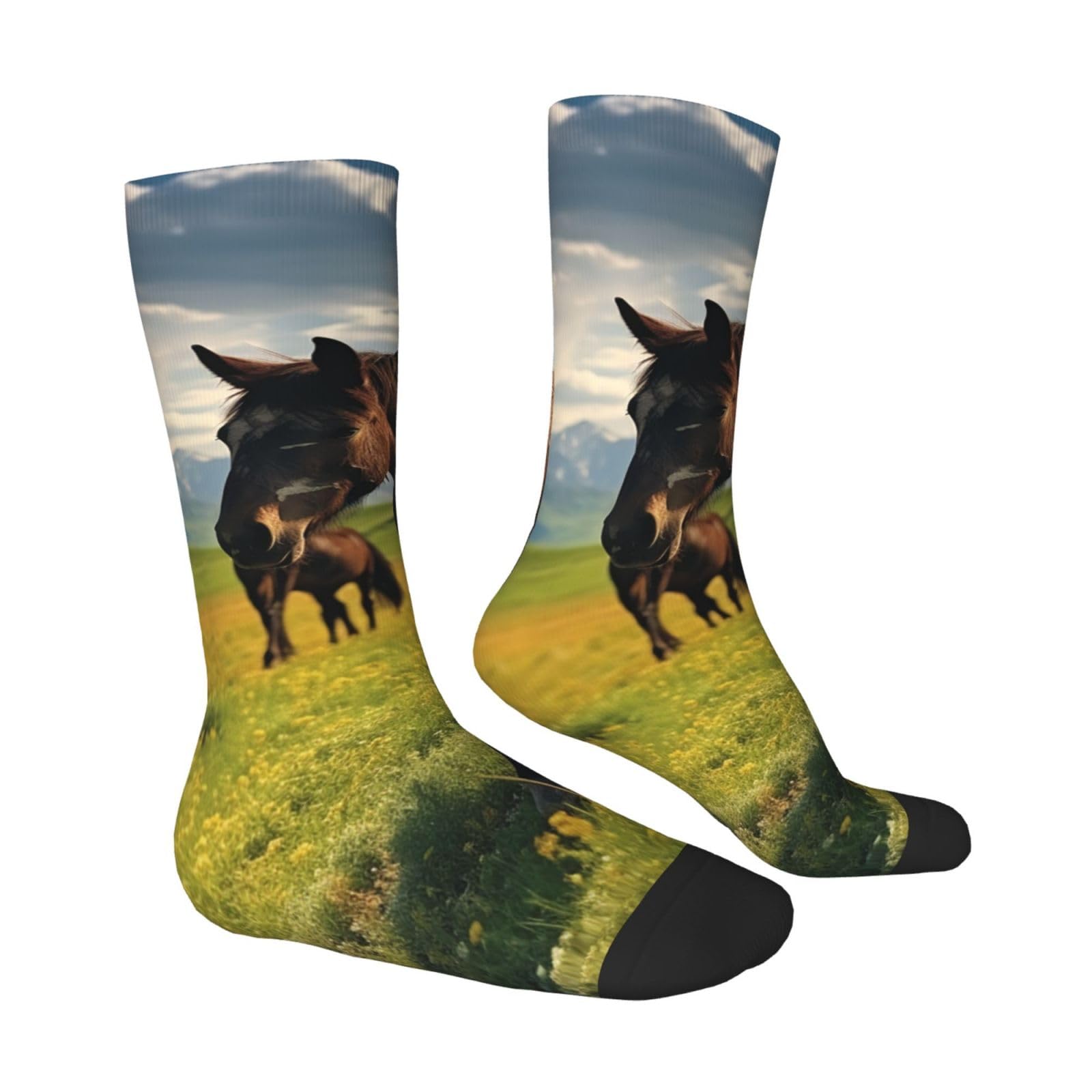 LZQPOEAS Grazing wild horses Athletic Socks Unisex Cushioned Crew Socks Hiking Running Calf Sock Soft Above Ankle Sock