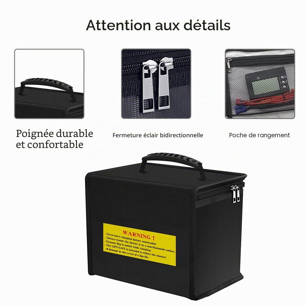 Sac de sécurité Lipo Organisateur de sac antidéflagrant ignifuge Coffre-fort Lipo Guard de grande capacité pour le stockage et le transport et la charge de la batterie Lipo avec poignée et poche filet