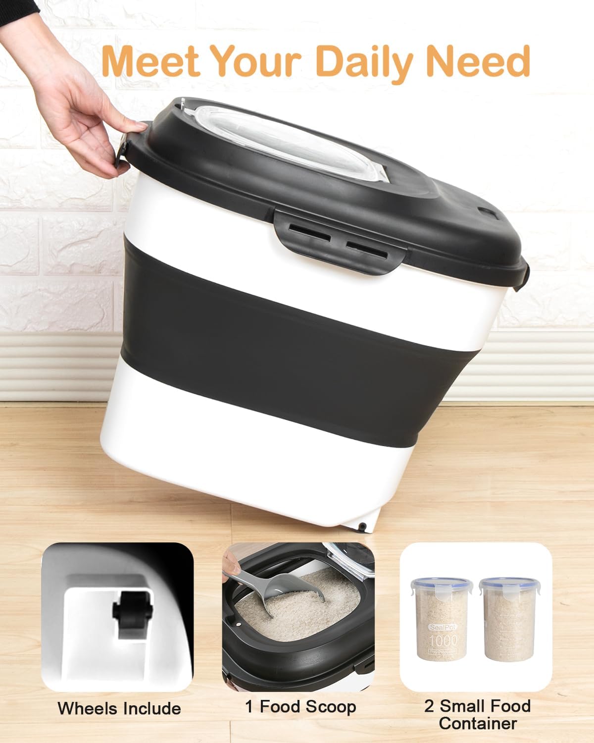 Collapsible Pet Food Storage with Airtight Lid, Wheels, and Scoop for Freshness