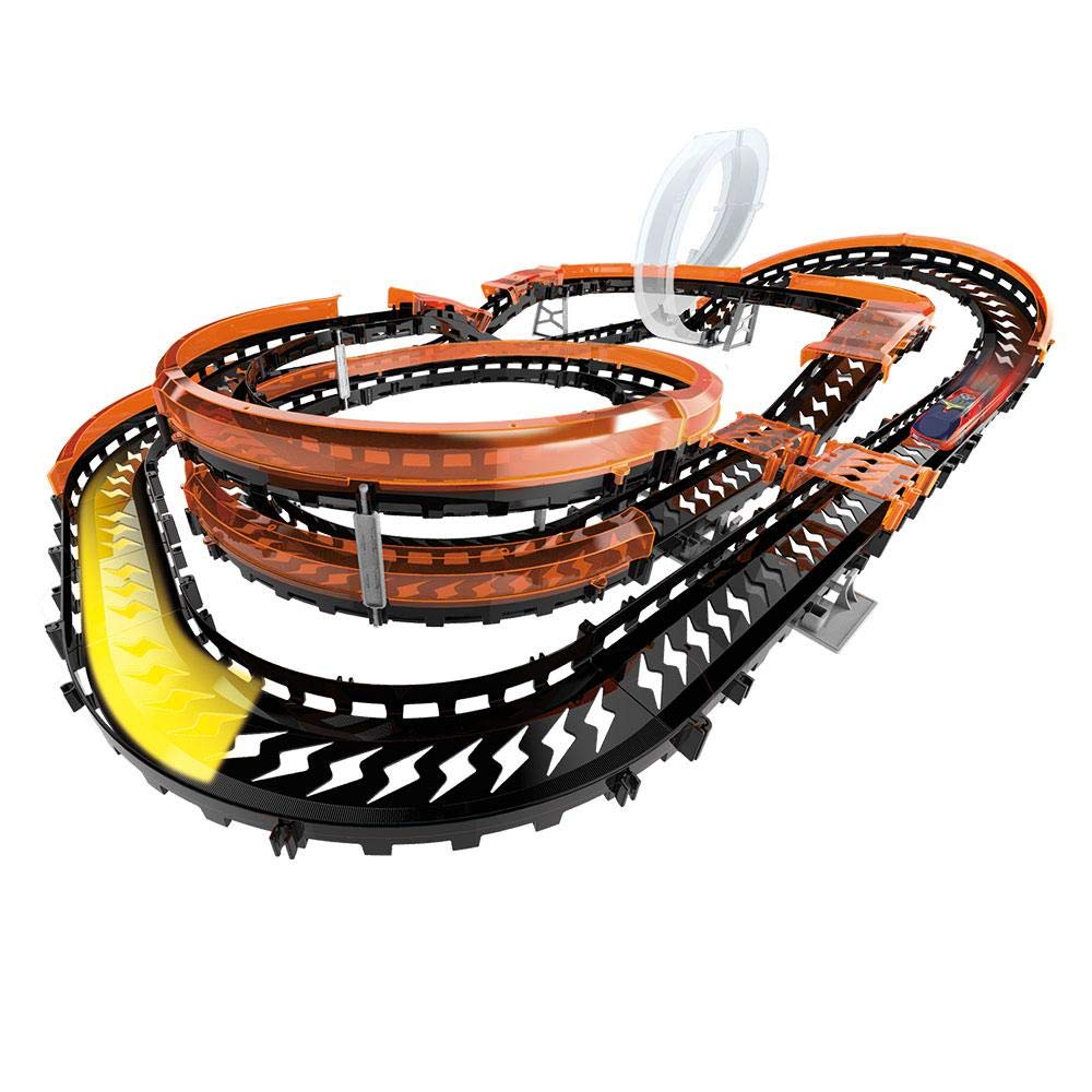 Assembled Hot Wheels Wave Racers Epic Challenge track with orange and black track pieces and clear loops.