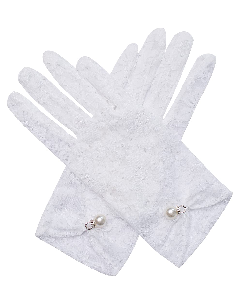 QRBTSCL YCShun Women's Short Lace Gloves for Wedding Wrist Short Evening Party Dressy Bridal Gloves with Pearl White, White