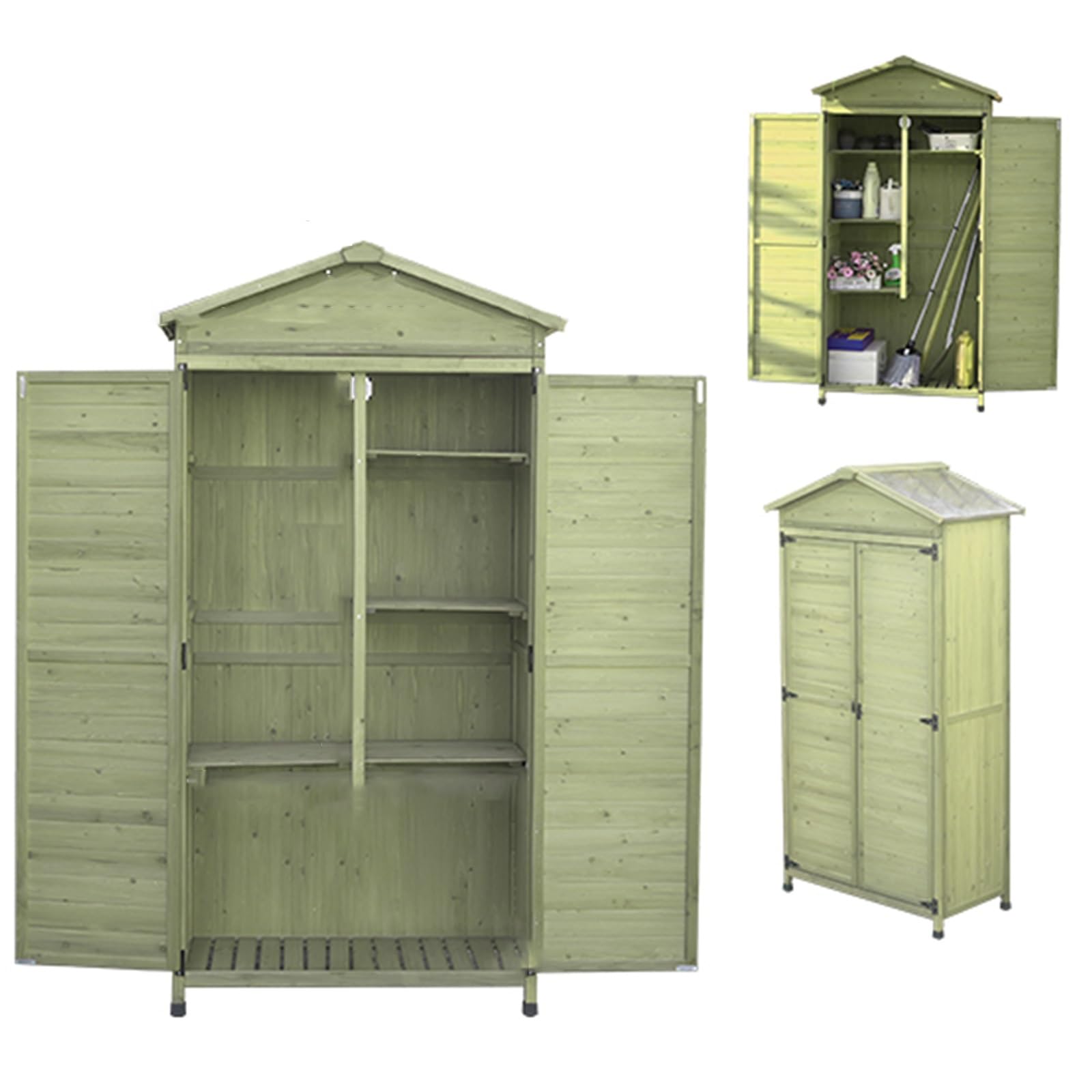 Zamykana szafka na narzędzia ogrodowe z półkami i drzwiami, organizer na zewnątrz do patio i garażu, zielona, 99 x 60 x 190 cm, trwałe i bezpieczne rozwiązanie ogrodnicze.