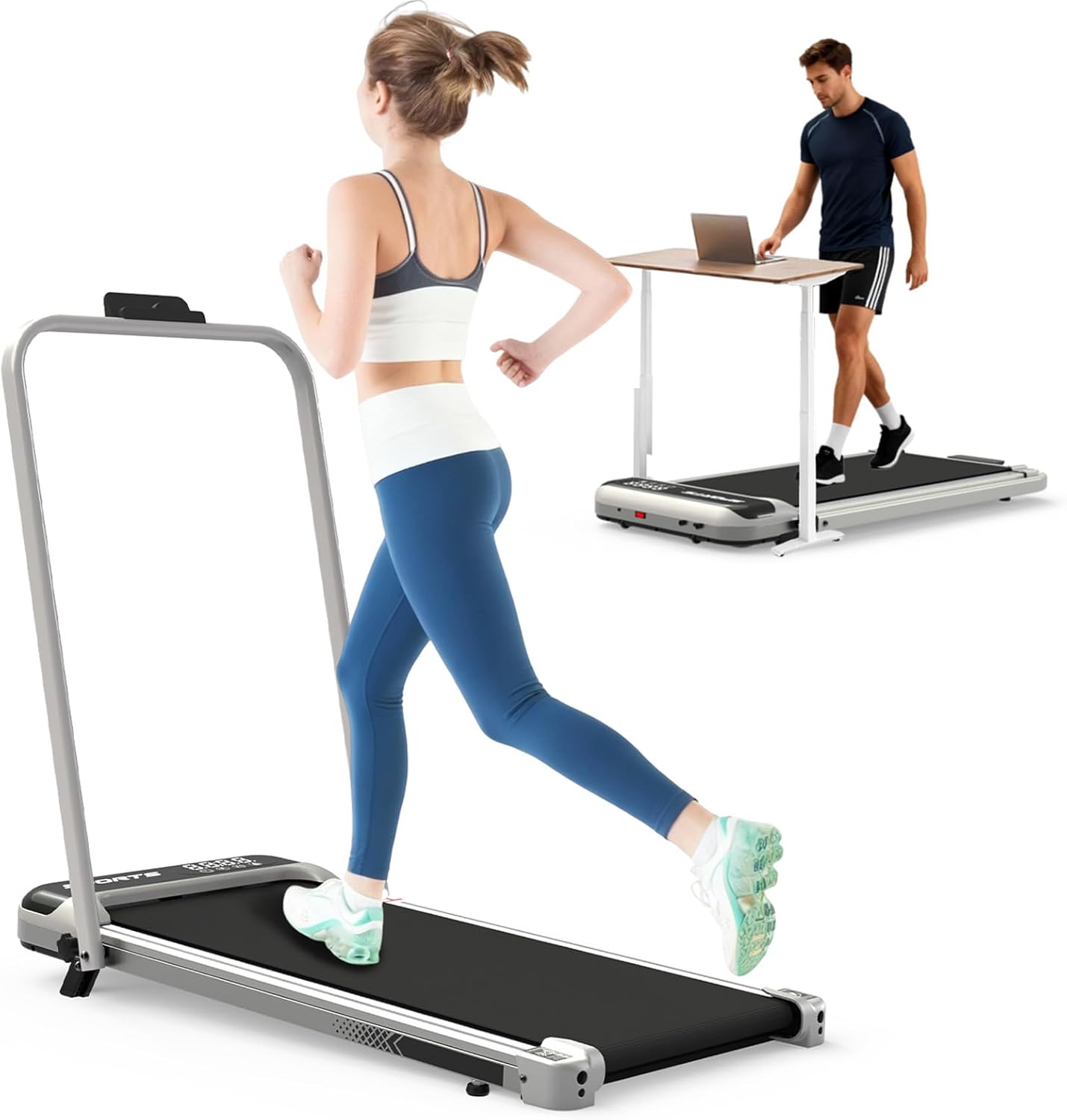 3 i 1 under skrivbordslöpband, hopfällbara löpband för hemjogging, 2,5 hk bärbart löpband med fjärrkontroll och LED-display, gångdyna med styre och lutning, 265 pund