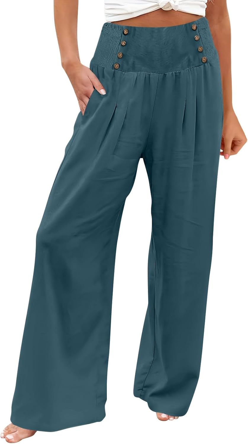 Linen Pants Women Wide Leg Elastic High Waisted Straight Leg Flowy Casual  Work Summer Trousers with Pockets