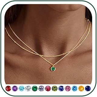 Kette Gold Farbe Damen 14K Vergoldete Geburtsstein Anhänger Halskette Layered 12 Monate Geburtsstein Kette Geburtstagsgeschenke für Frauen Mädchen