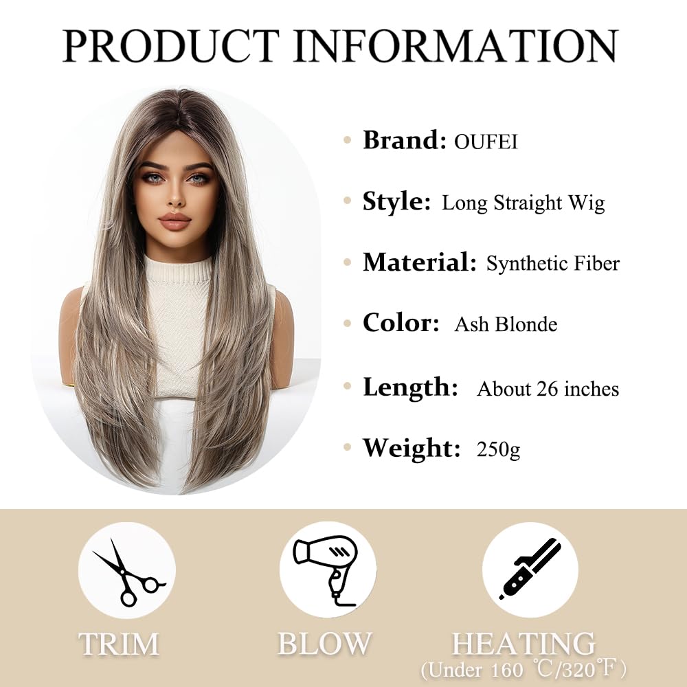 OUFEI Ash Blonde Wigs for Women with Fringe Long Natural Straight Synthetic Hair Heat Resistant Wigs for Daily Party Cosplay Wear - Image 2