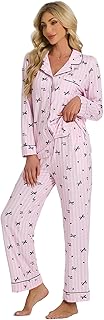 LYCY Women's Striped Print Pajama Set, Soft Button Down Long Sleeve Sleepwear, Cute Relaxed Fit Sleepwear