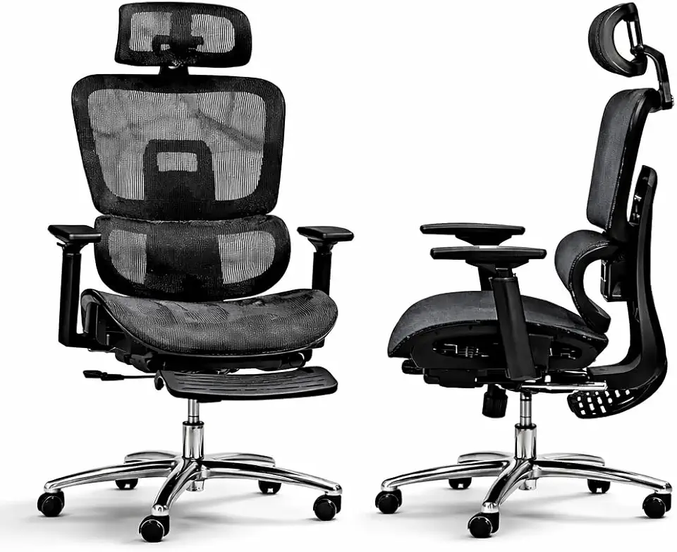 Cadeira de Escritório Ergonômica com Estofado de Mesh, Regulagem de Altura, Apoio Lombar Ajustável, Base Giratória em Aço Cromado, Braços Acolchoados, Rodízios Silenciosos - Posture Office (Preto)