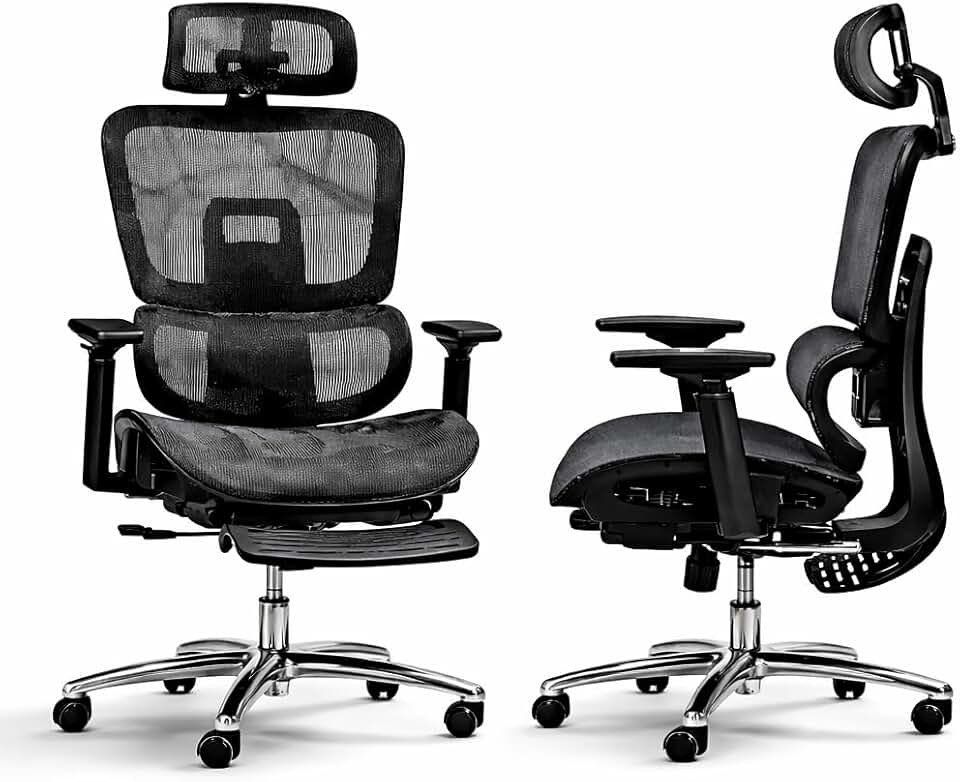 Cadeira de Escritório Ergonômica com Estofado de Mesh, Regulagem de Altura, Apoio Lombar Ajustável, Base Giratória em Aço Cromado, Braços Acolchoados, Rodízios Silenciosos - Posture Office (Preto)