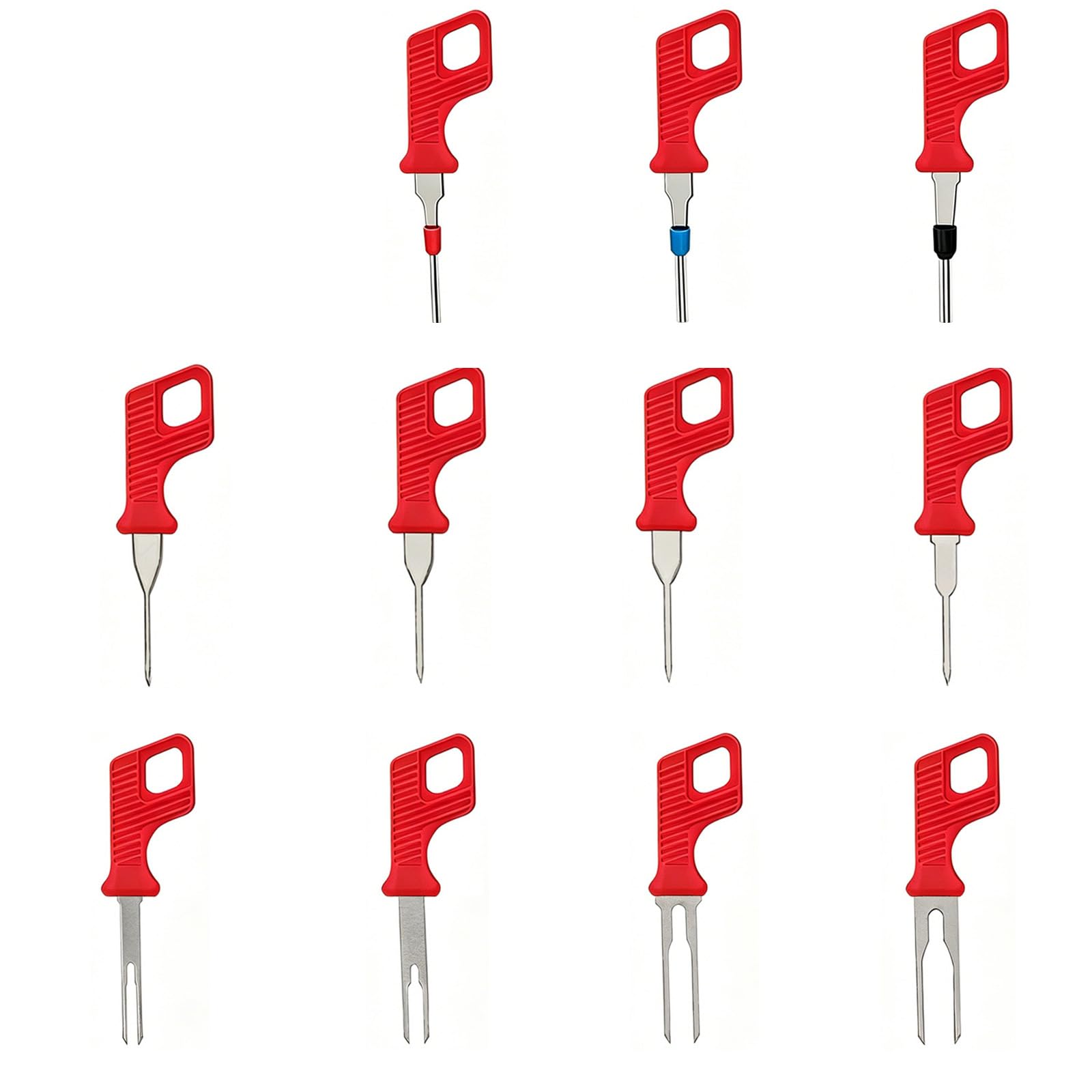 Kfwfuaee 11 Piece Set Terminal Extractor Tool Set For Automotive Wiring Repair With Mixed Pin Removal Tips And Red Grip Handle Design Depinning Pin Release Extractor Sleeve Fork Pick Connector Harness Repin Wiring