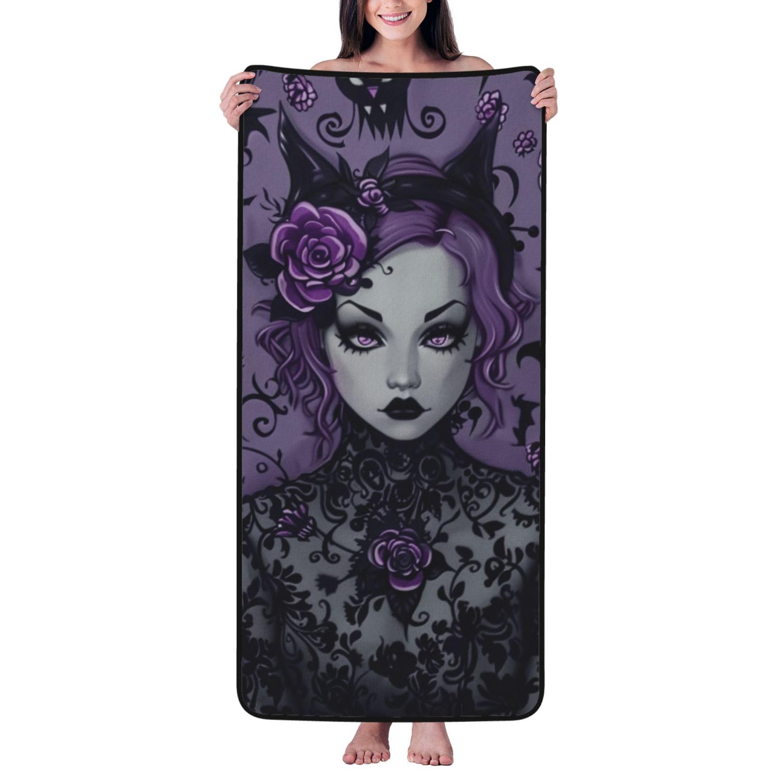WPKJU Black Goth Spooky Printed Bath Towel with Black Edging - 27x55 in Soft Extra Absorbent Coral Velvet Shower Towels for Bathroom