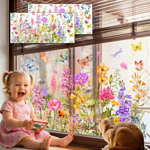 2 Sheets Spring Summer Flower Window Clings for Glass Window Stickers Colorful Floral Bouquet Windows Sticker Removable Double-Sided Cut Freely to Size for Home Office Decor (2 Set A)