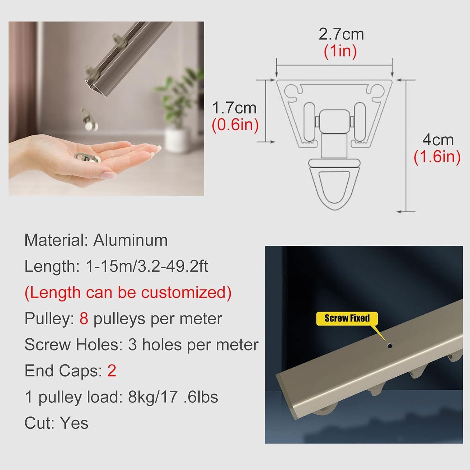 Aluminium Alloy Curtain Rail Conjoined Curtain Track, Ceiling Mount Alloy Nano Silence Track, Smooth Glide, Silent Operation,Cuttable Bay Window Drapes Tracks Balcony Top(Champagne,4.27m/14ft)