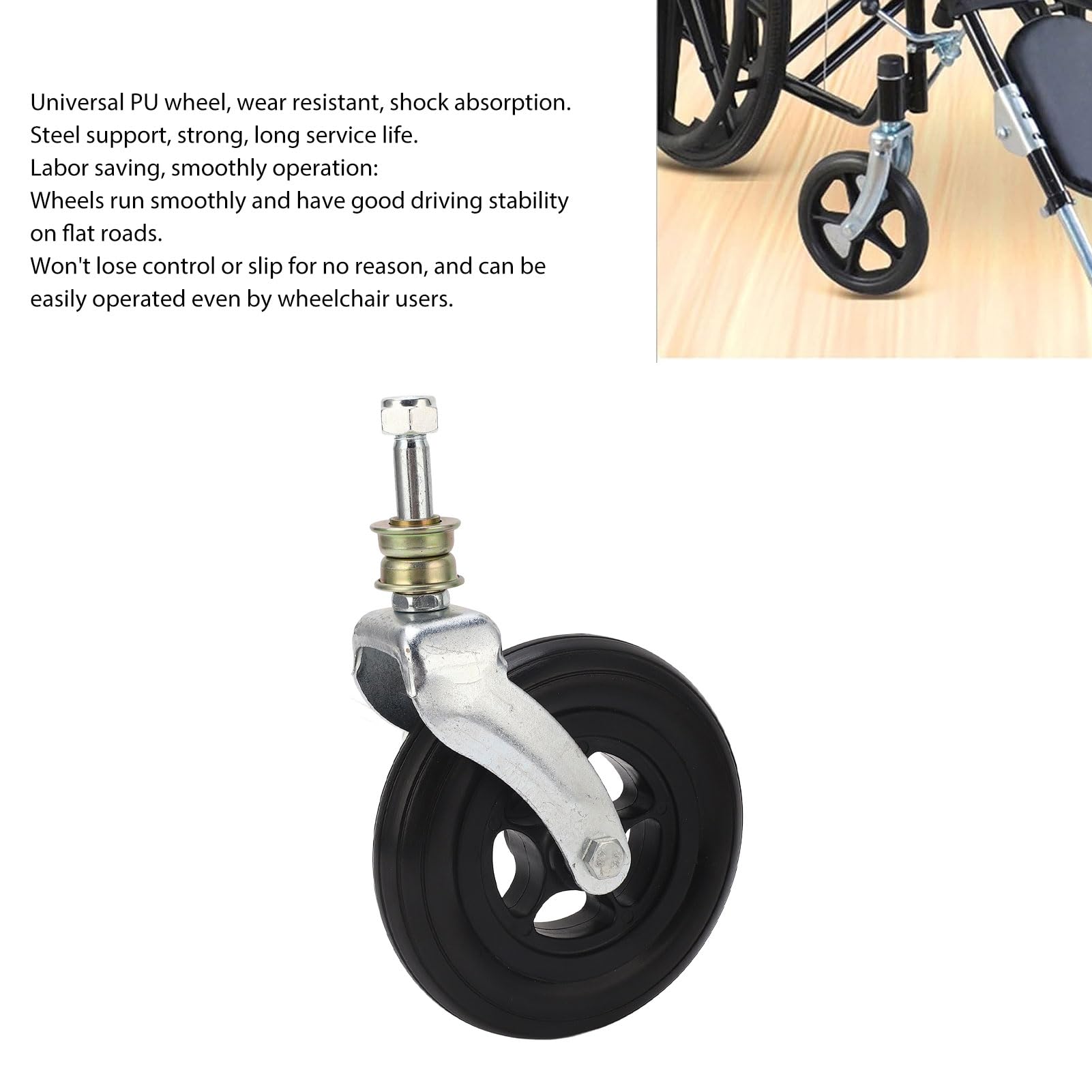 EVTSCan Black 6in Caster Wheel Universal Shock Absorbing, 250lbs PU Wheelchair Front Caster Replacement for Walker,Scooter