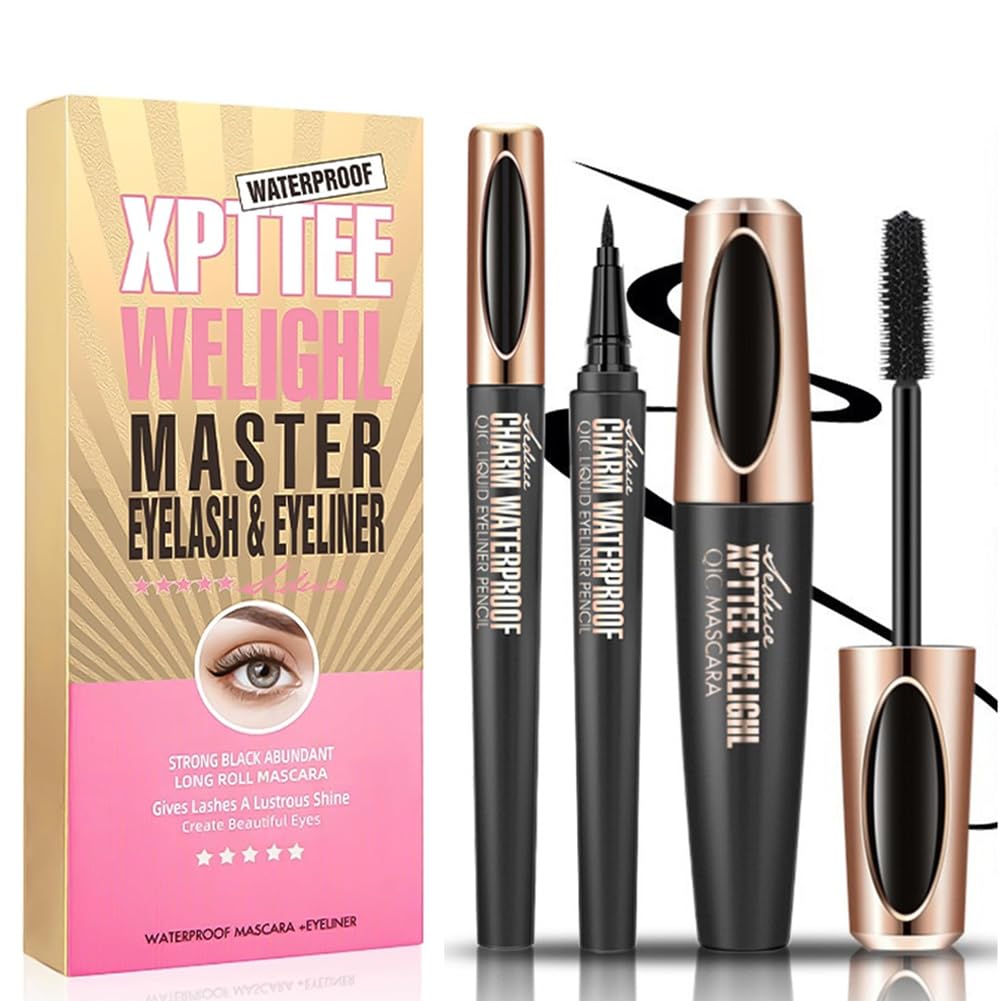 Máscara de Pestañas y Delineador de Ojos, Máscara de Pestañas 4D, Máscara de Pestañas Volumen y Longitud, Delineador de Ojos Líquido, Máscara de Pestañas Resistente al Agua Larga Duración, Negro