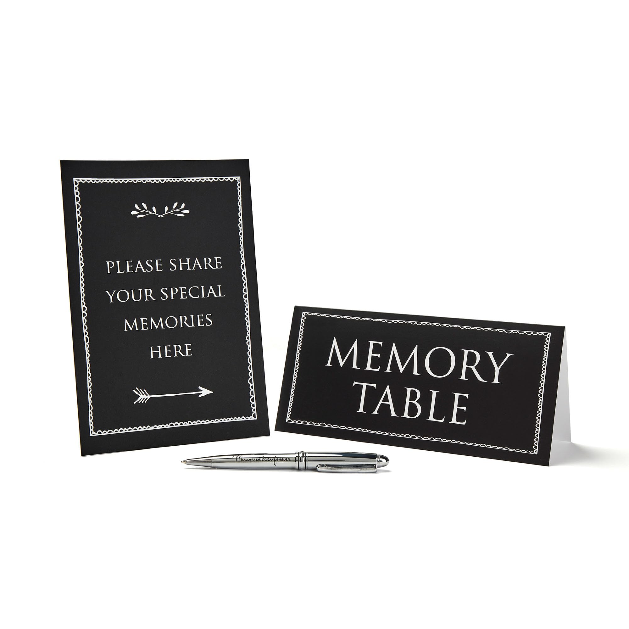 ANGEL & DOVE Set of 2 Funeral Memory Table Signs (Black) & 'Memories Last Forever' Chrome Metal Pen