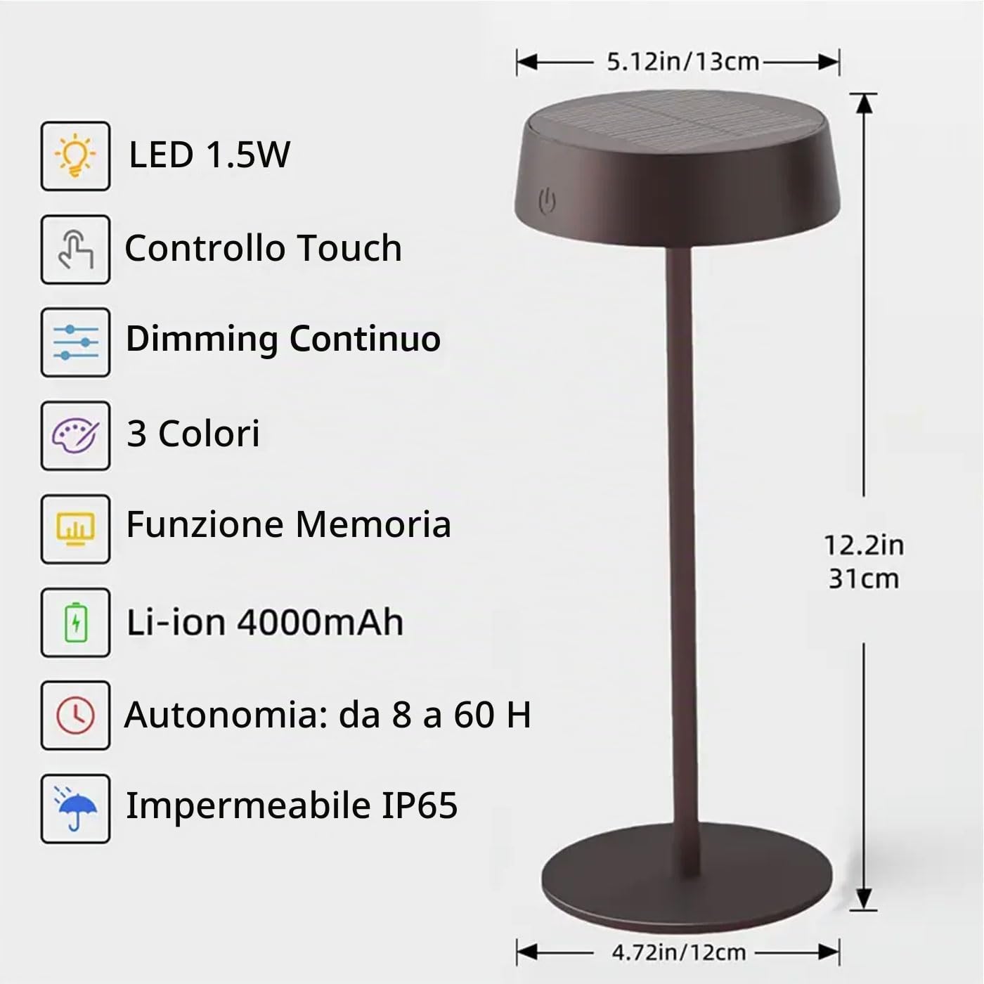 Set di 2 Lampada da Tavolo Solare Touch Senza Fili IP67 per Esterni e Interni, Ricarica Solare e USB-C, Lampada Portatile Impermeabile per Giardino, Terrazza, Scrivania