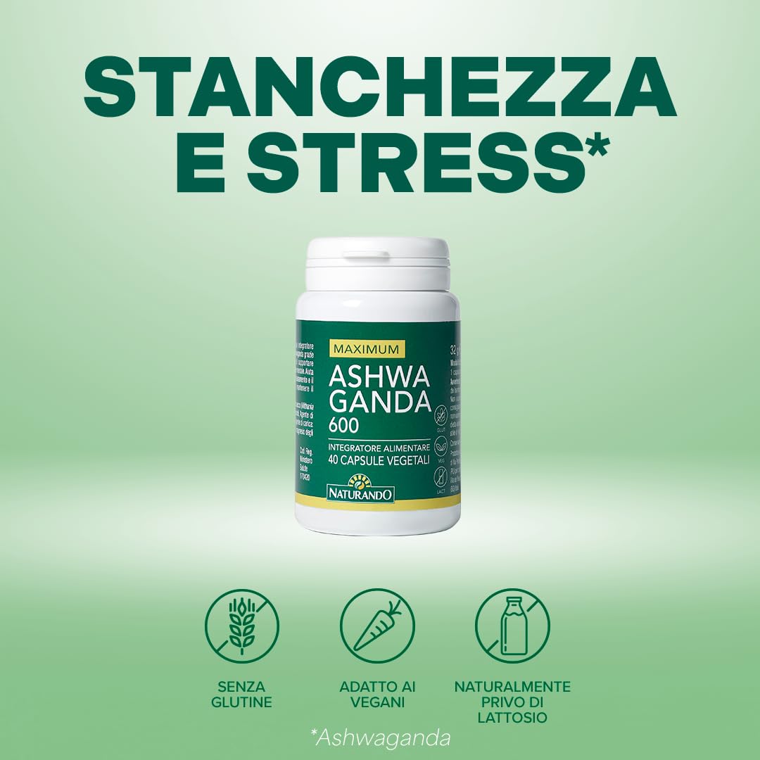 Naturando Maximum ASHWAGANDA 600 Integratore alimentare, con Ashwaganda, ottima in caso di stanchezza fisica e mentale – Flacone da 40 capsule vegetali