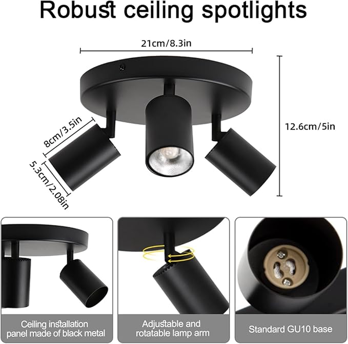 CANMEIJIA CANMEIJIA Led-plafondspots Zwarte plafondspots 3 spots GU10 Keukenspots 350° draaibaar Geschikt voor keuken photo 2