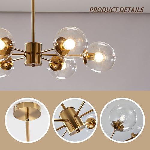 Miniatura 3 de KCO Lighting Modern - Lámpara de araña Sputnik de 6 luces con globo de vidrio transparente, lámpara colgante de techo ajustable de mediados de