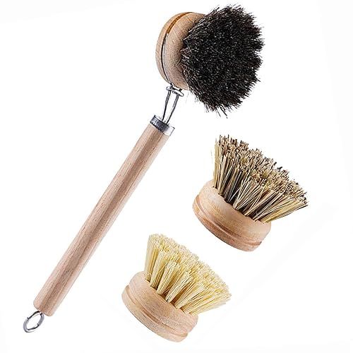 SUPRNN Bamboo Dish Brush with Handle, 1 Sturdy Wooden Handle