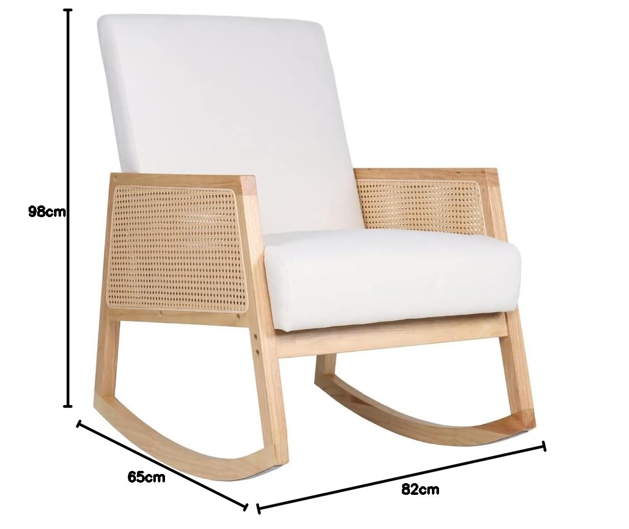SWEET SOFA® - Butaca Mecedora de Madera y ratán Sofia, Estilo Boho Chic, tapizado Antimanchas. 96x66x82 cm. (Crema/Madera Clara)