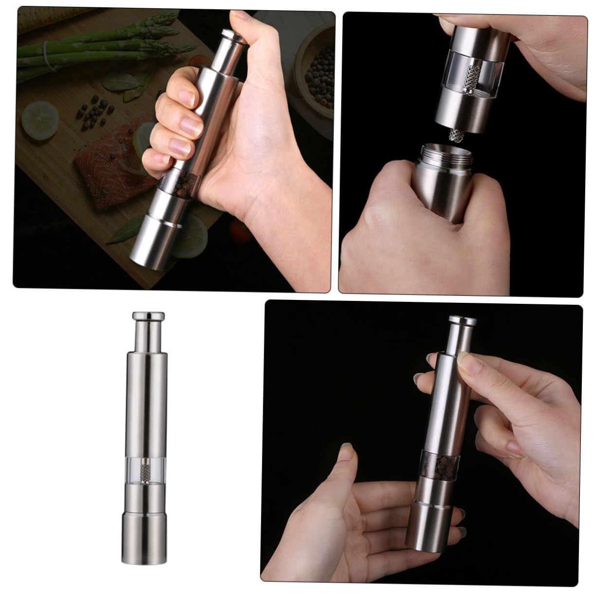 Manuelle in Silberner Farbe Pfeffermühle mit Push Bedienung aus Edelstahl zum Mahlen Verschiedener Lebensmittel für Küche und Täglichen Gebrauch