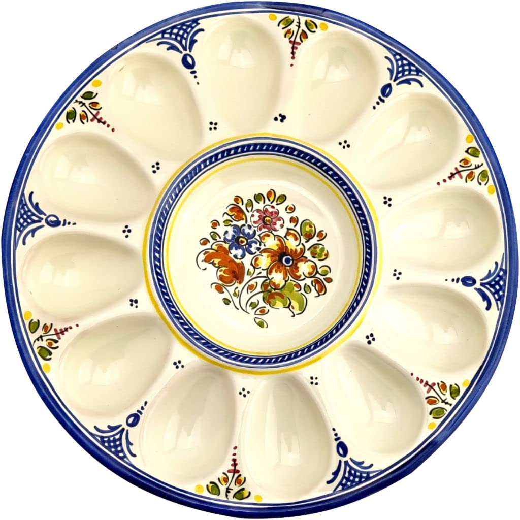 Gónfer - Huevera Plato de Huevos de Cerámica Artesanal Azul - Bandeja Fuente Huevos Rellenos - Fabricado y Pintado a Mano - Capacidad 12 (26,5 cm Ø)