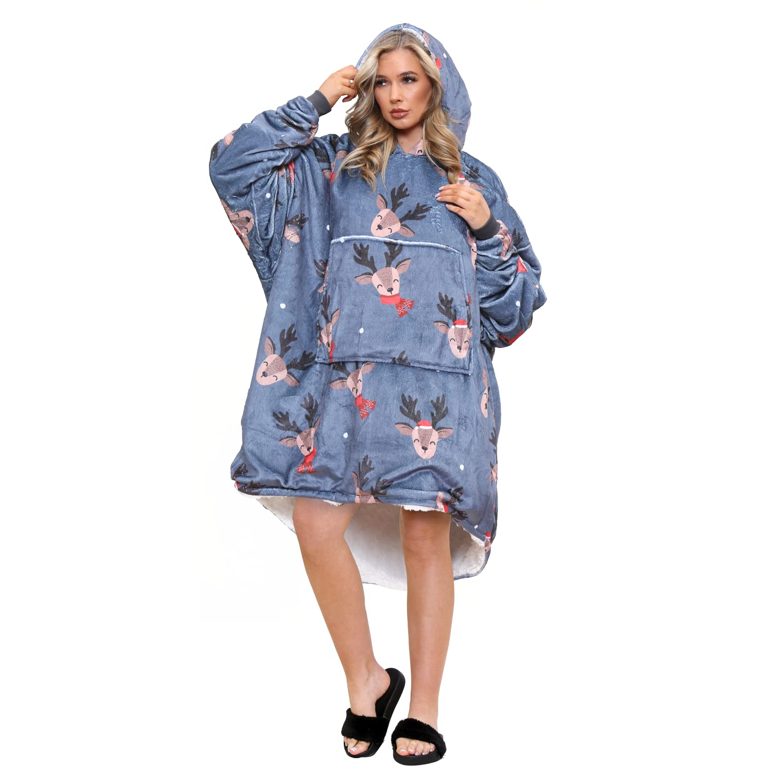 GC GAVENO CAVAILIA Warm Plush Christmas Oversized Fluffy Hoodie Blanket,  Xmas Reindeer Wearable Cosy Blanket Hoodie Adults Women Men Fits All, Grey  : Amazon.co.uk: Fashion