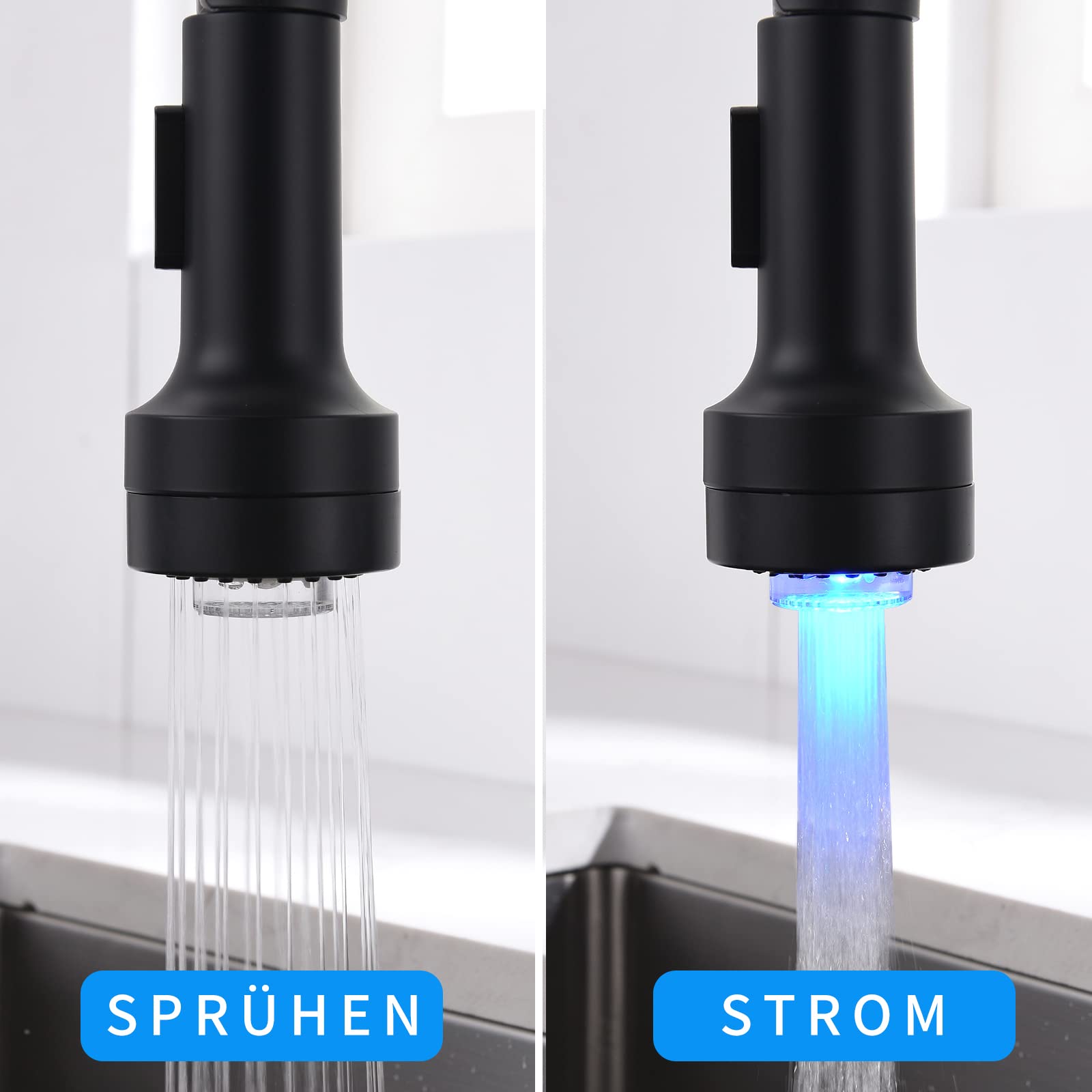 AIMADI Küchenarmatur Ausziehbar LED Wasserhahn Küche, 2 Wege Spüle (Strahl & Spray), 360° Drehbar, Einhebelmischer für Spülbecken, Schwarz Matt